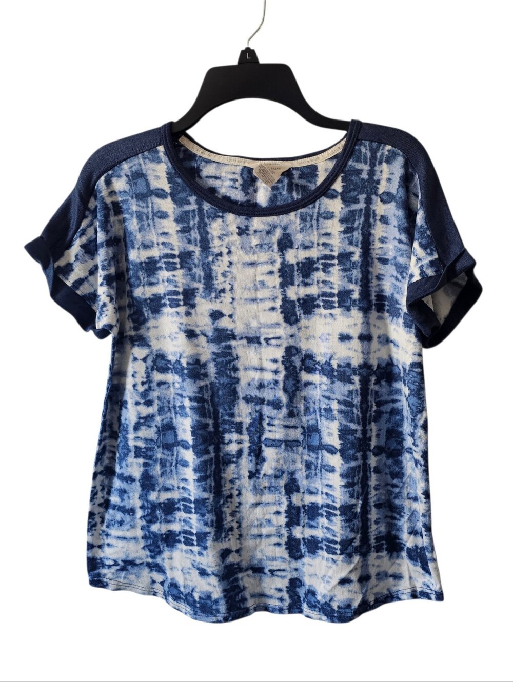 Lucky Brand Womens Tie Dye Top L Large Soft Blue White Cuffed Short Sleeve Loung